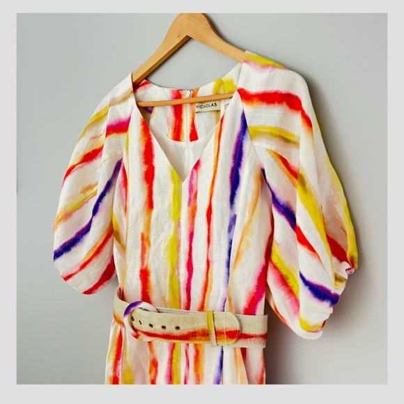 Nicholas The Label Linen Dress Shaanti Mini Rainbow Vibrant Puff Sleeve Belted - Picture 6 of 16